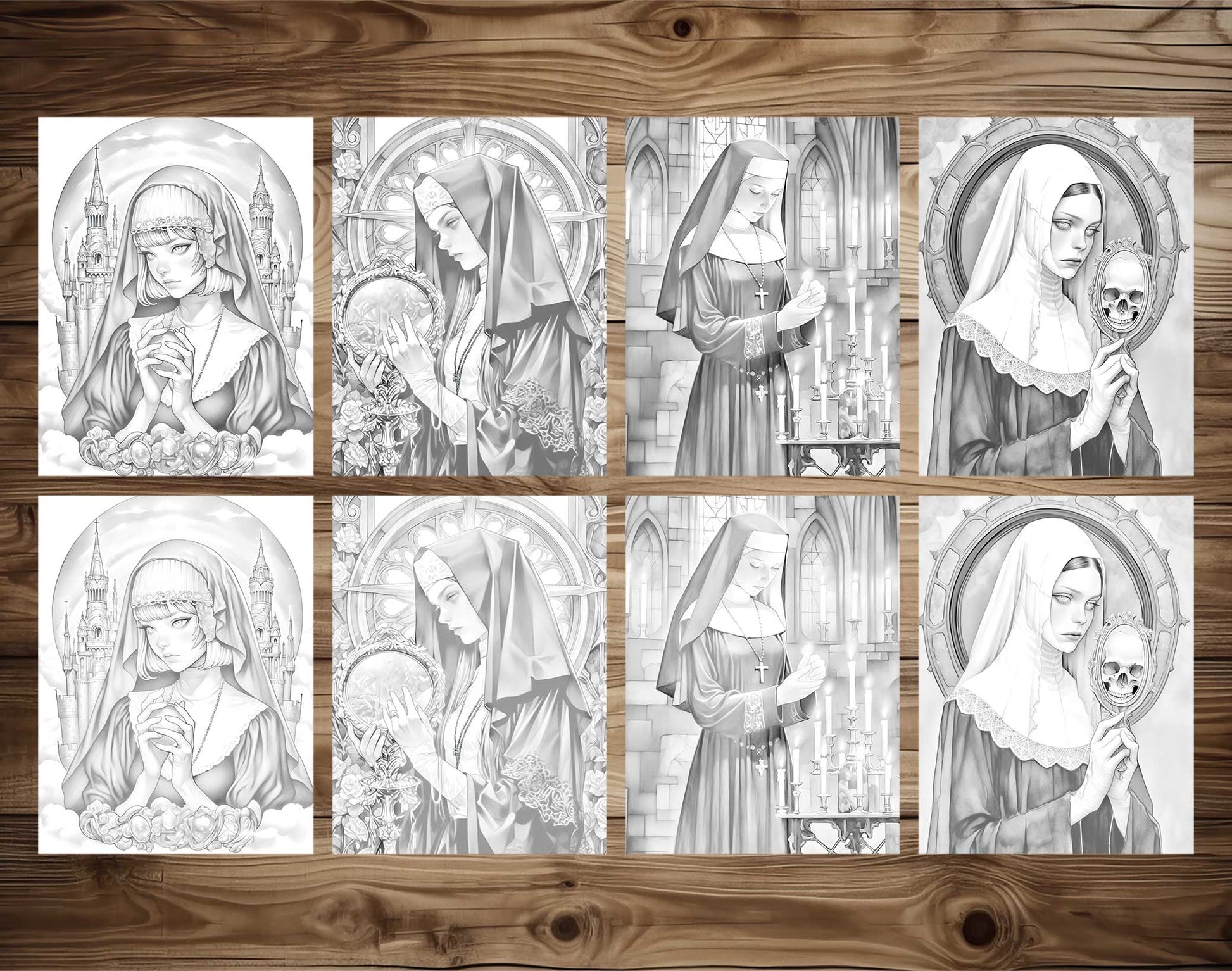 25 Gothic Nuns Grayscale Coloring Pages - Halloween Coloring - Instant Download - Printable PDF Dark/Light – preview 4