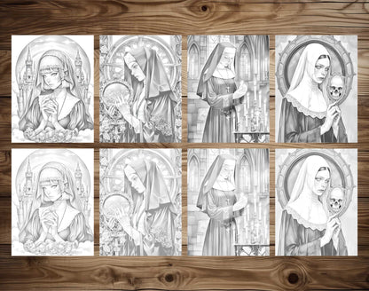 25 Gothic Nuns Grayscale Coloring Pages - Halloween Coloring - Instant Download - Printable PDF Dark/Light – preview 4