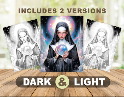 25 Gothic Nuns Grayscale Coloring Pages - Halloween Coloring - Instant Download - Printable PDF Dark/Light – preview 6