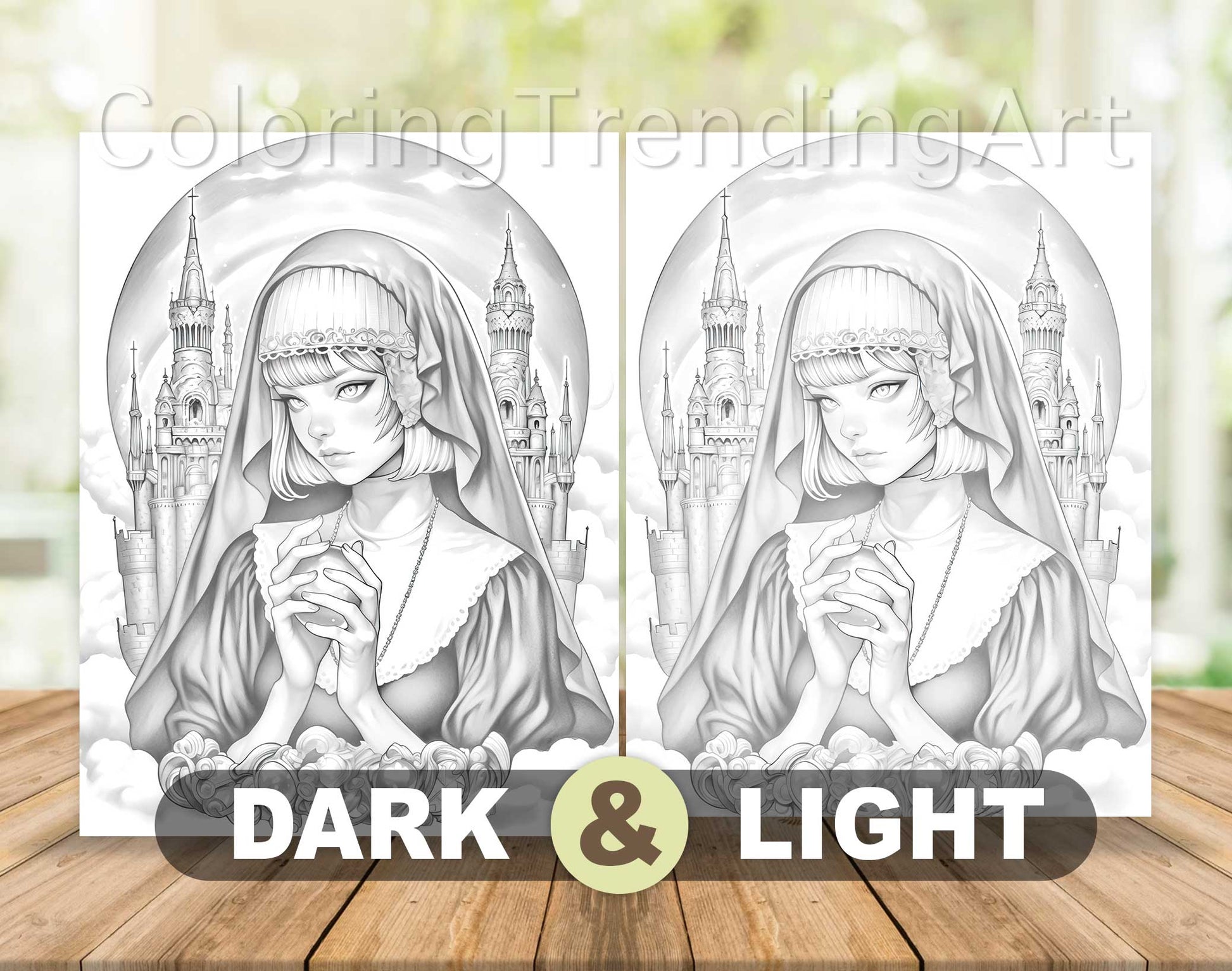 25 Gothic Nuns Grayscale Coloring Pages - Halloween Coloring - Instant Download - Printable PDF Dark/Light – preview 7
