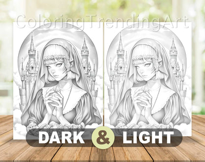 25 Gothic Nuns Grayscale Coloring Pages - Halloween Coloring - Instant Download - Printable PDF Dark/Light – preview 7