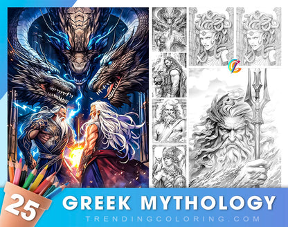 25 Greek Mythology Grayscale Coloring Pages - Instant Download - Printable PDF Dark/Light