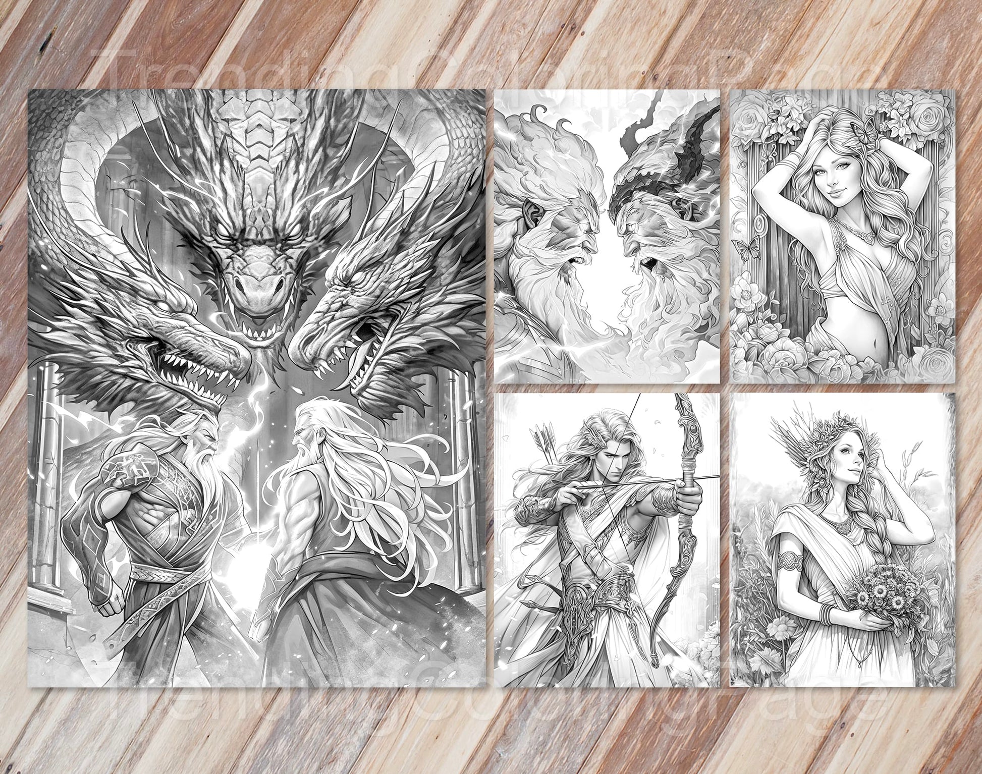 25 Greek Mythology Grayscale Coloring Pages - Instant Download - Printable PDF Dark/Light – preview 3