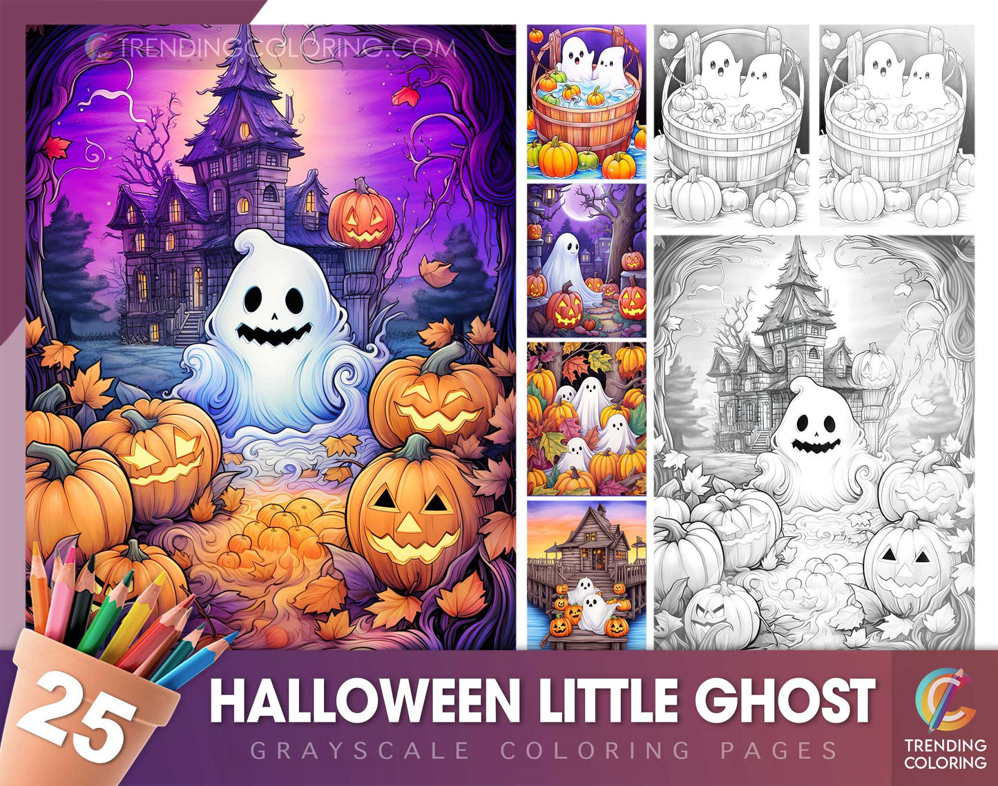 25 Halloween Little Ghost Grayscale Coloring Pages - Instant Download - Printable PDF Dark/Light