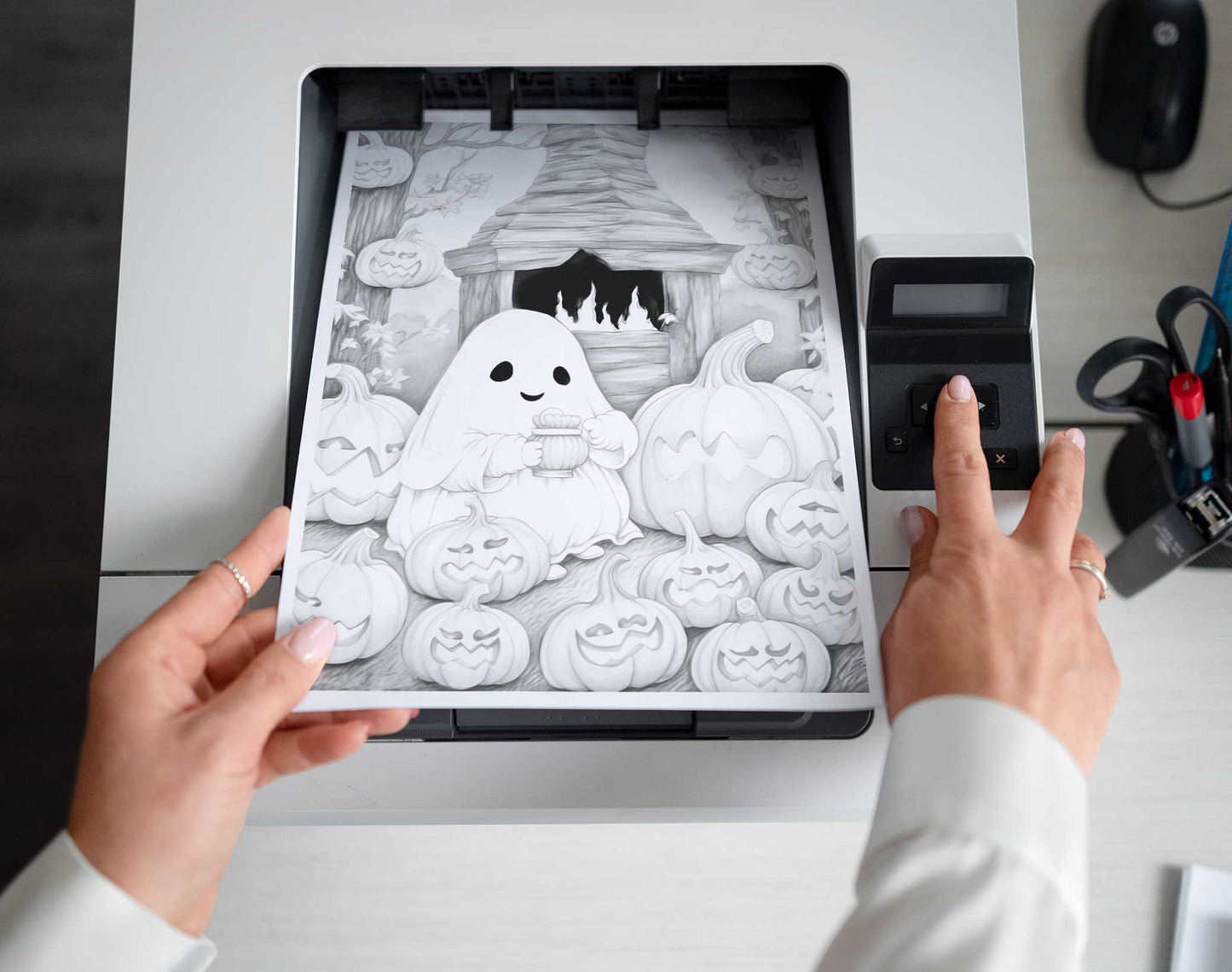 25 Halloween Little Ghost Grayscale Coloring Pages - Instant Download - Printable PDF Dark/Light – preview 2