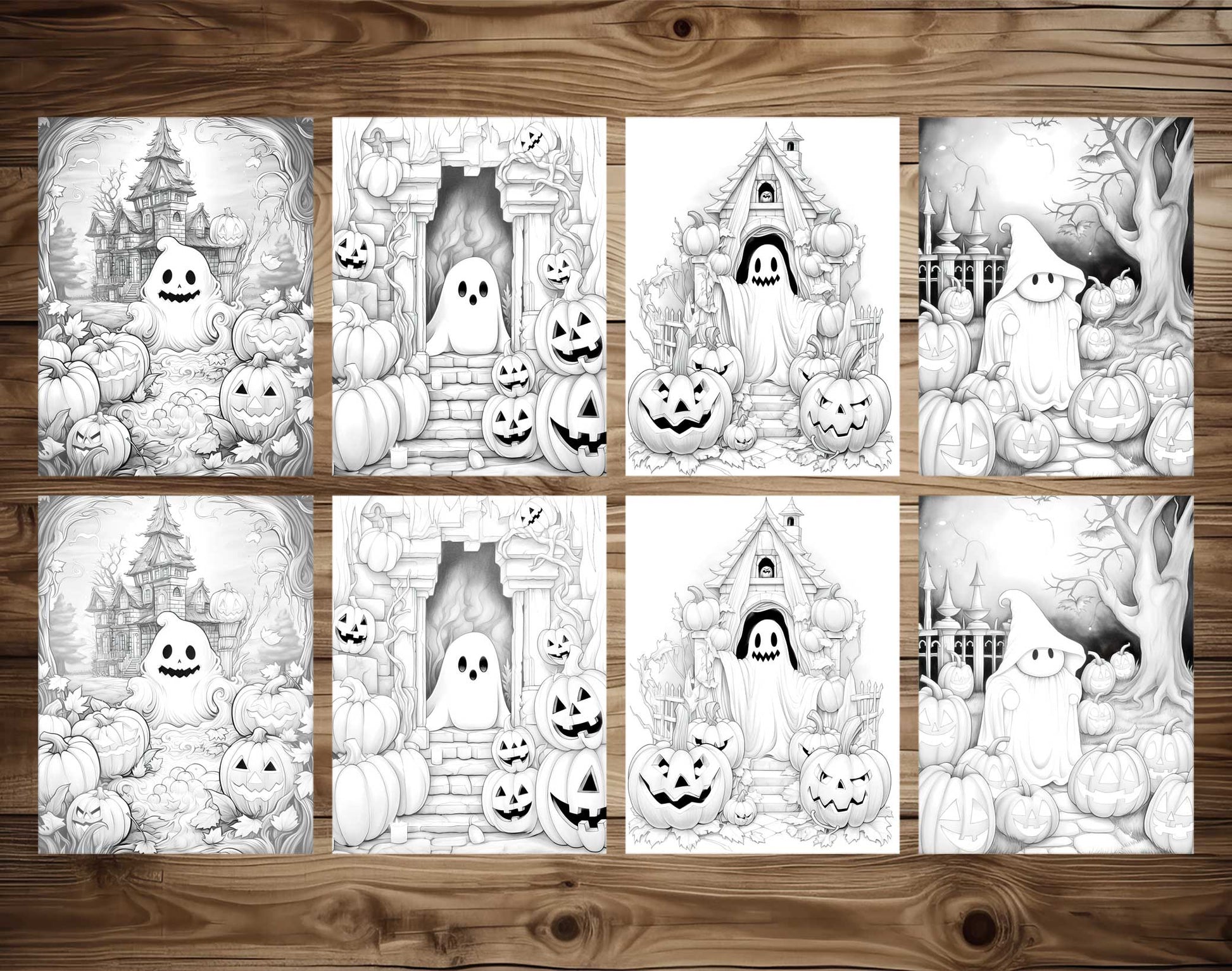 25 Halloween Little Ghost Grayscale Coloring Pages - Instant Download - Printable PDF Dark/Light – preview 3