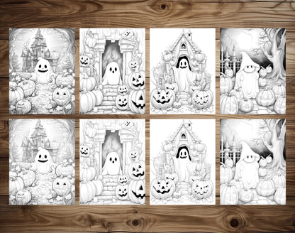 25 Halloween Little Ghost Grayscale Coloring Pages - Instant Download - Printable PDF Dark/Light – preview 3
