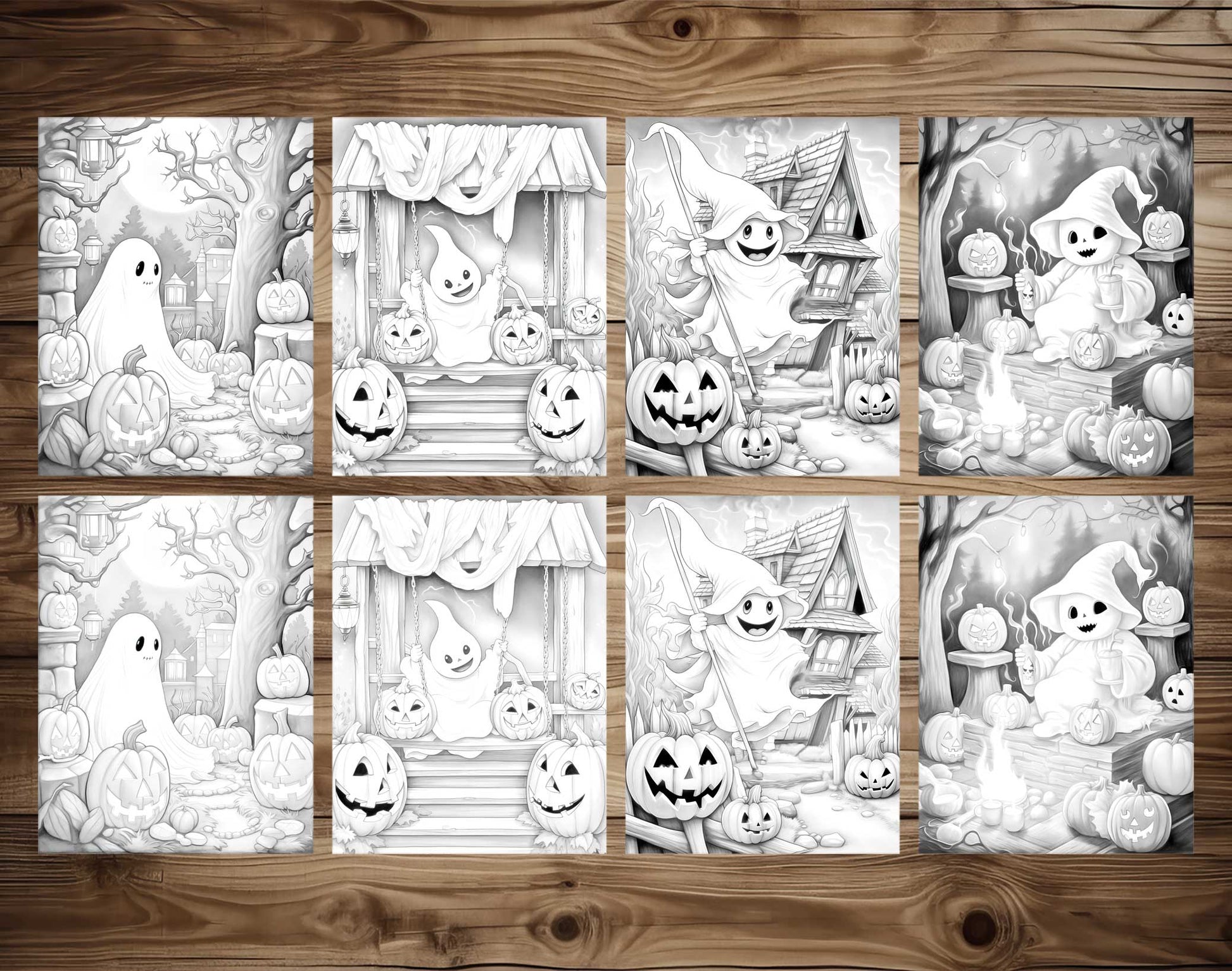 25 Halloween Little Ghost Grayscale Coloring Pages - Instant Download - Printable PDF Dark/Light – preview 4
