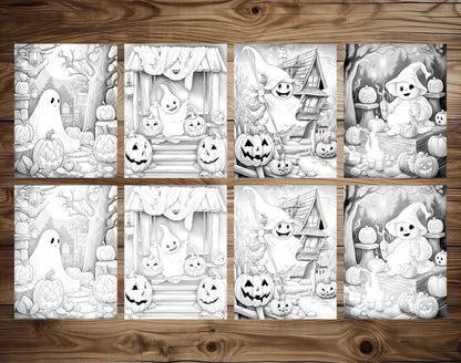 25 Halloween Little Ghost Grayscale Coloring Pages - Instant Download - Printable PDF Dark/Light – preview 4