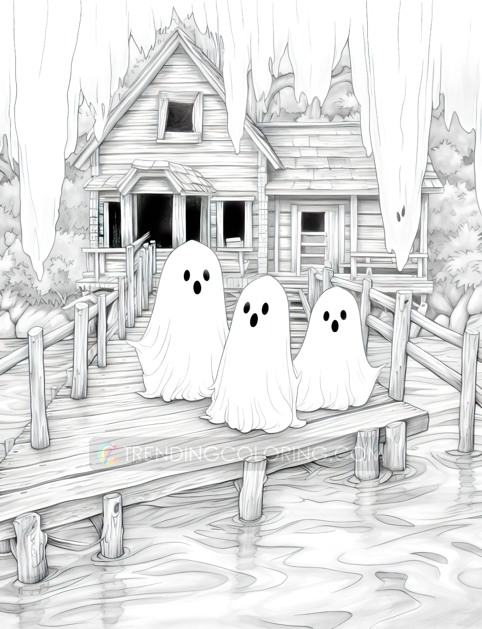 25 Halloween Little Ghost Grayscale Coloring Pages - Instant Download - Printable PDF Dark/Light – preview 5