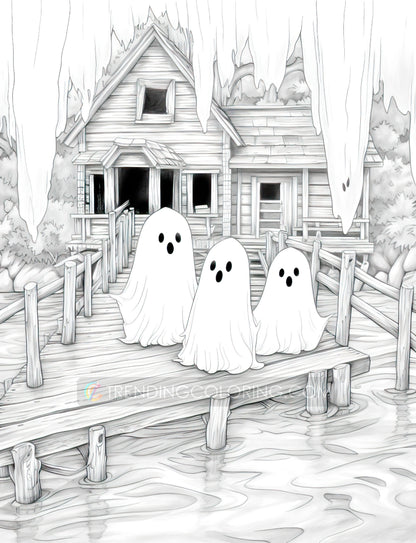 25 Halloween Little Ghost Grayscale Coloring Pages - Instant Download - Printable PDF Dark/Light – preview 5