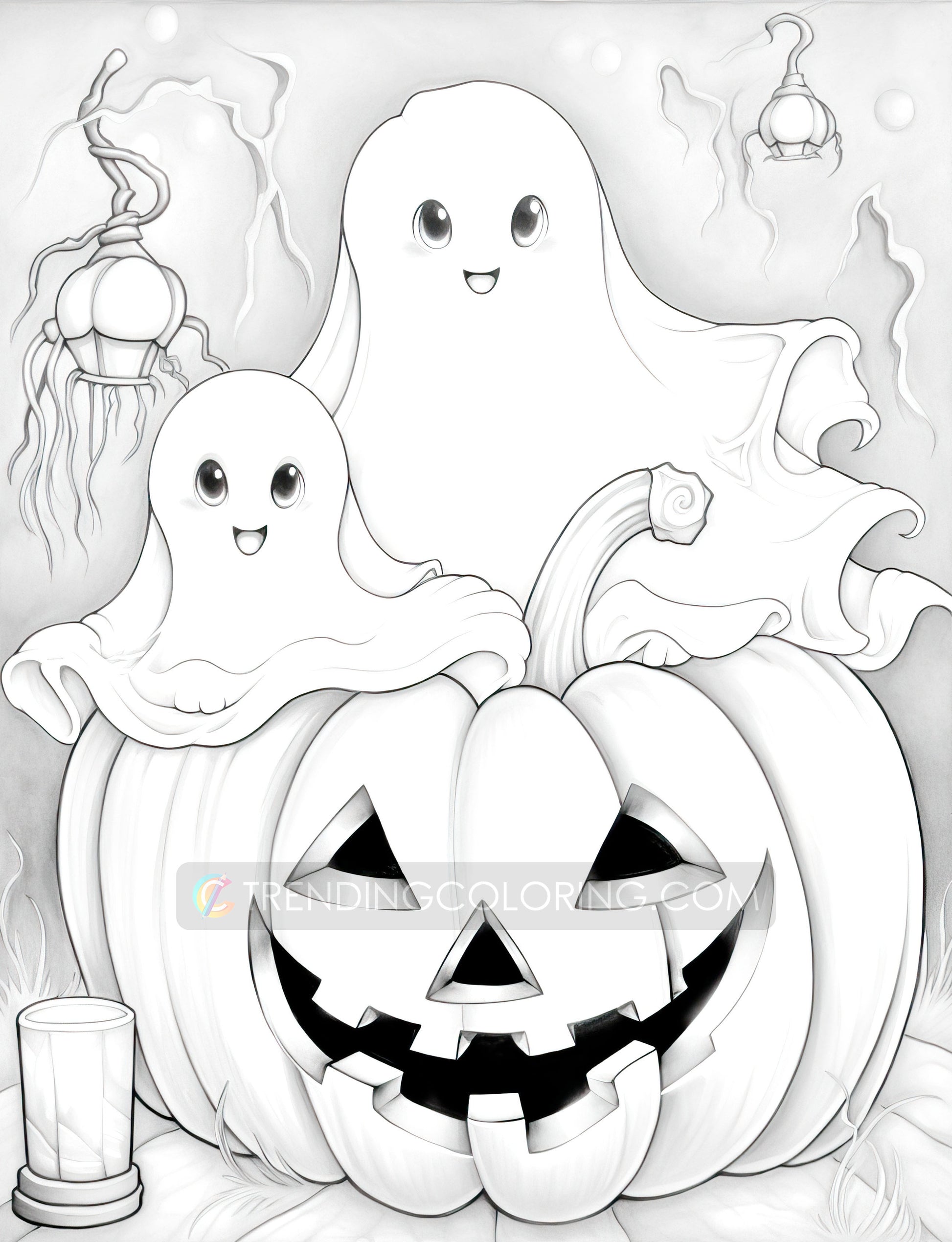 25 Halloween Little Ghost Grayscale Coloring Pages - Instant Download - Printable PDF Dark/Light – preview 7