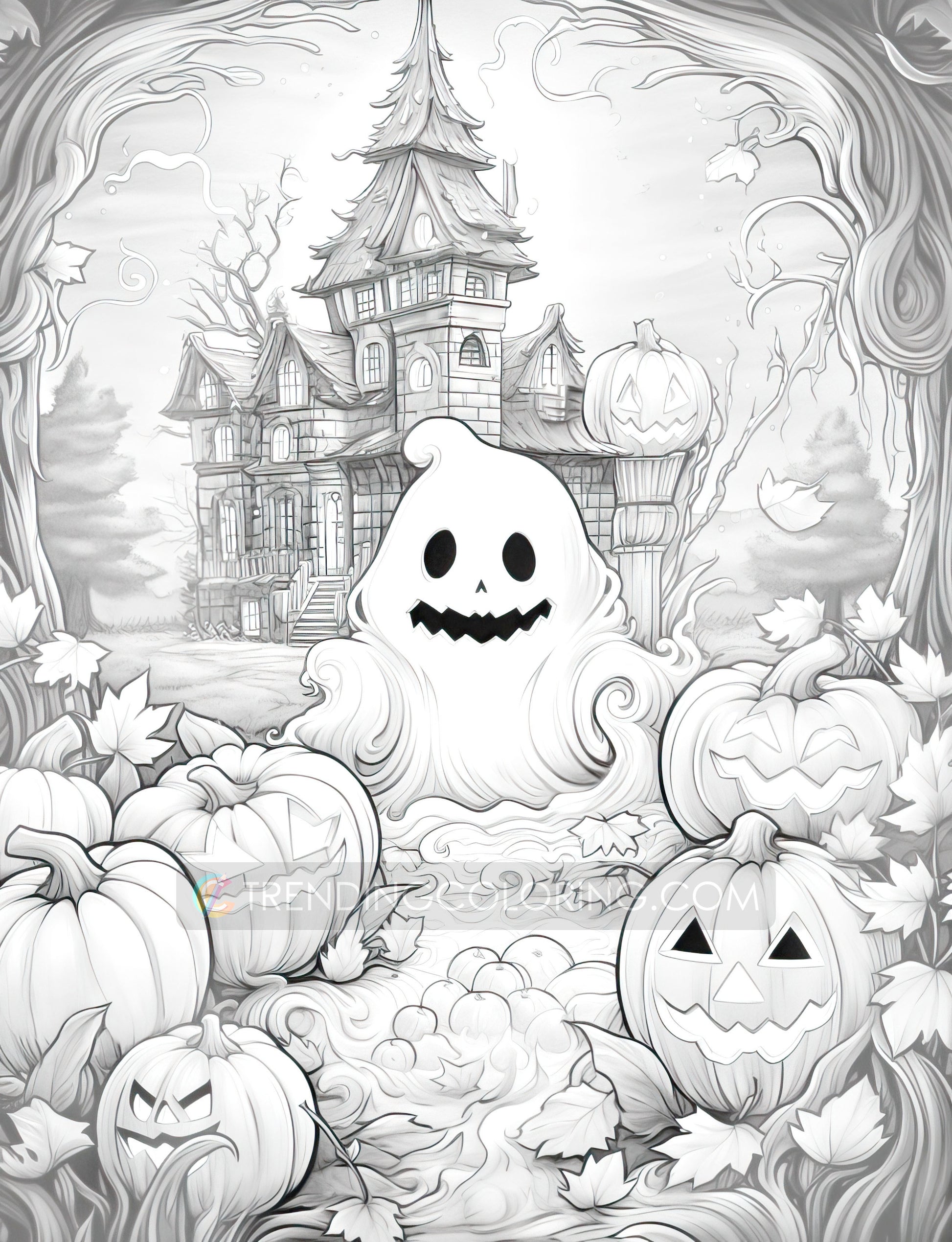 25 Halloween Little Ghost Grayscale Coloring Pages - Instant Download - Printable PDF Dark/Light – preview 8