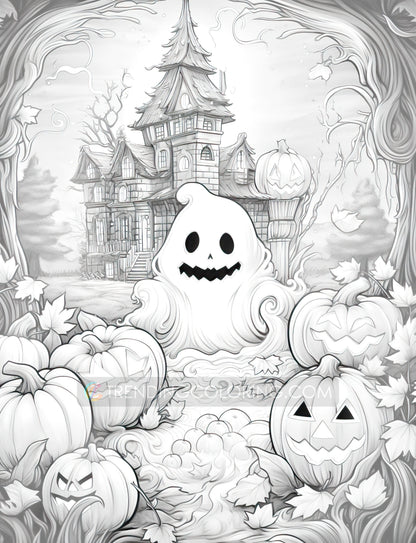 25 Halloween Little Ghost Grayscale Coloring Pages - Instant Download - Printable PDF Dark/Light – preview 8
