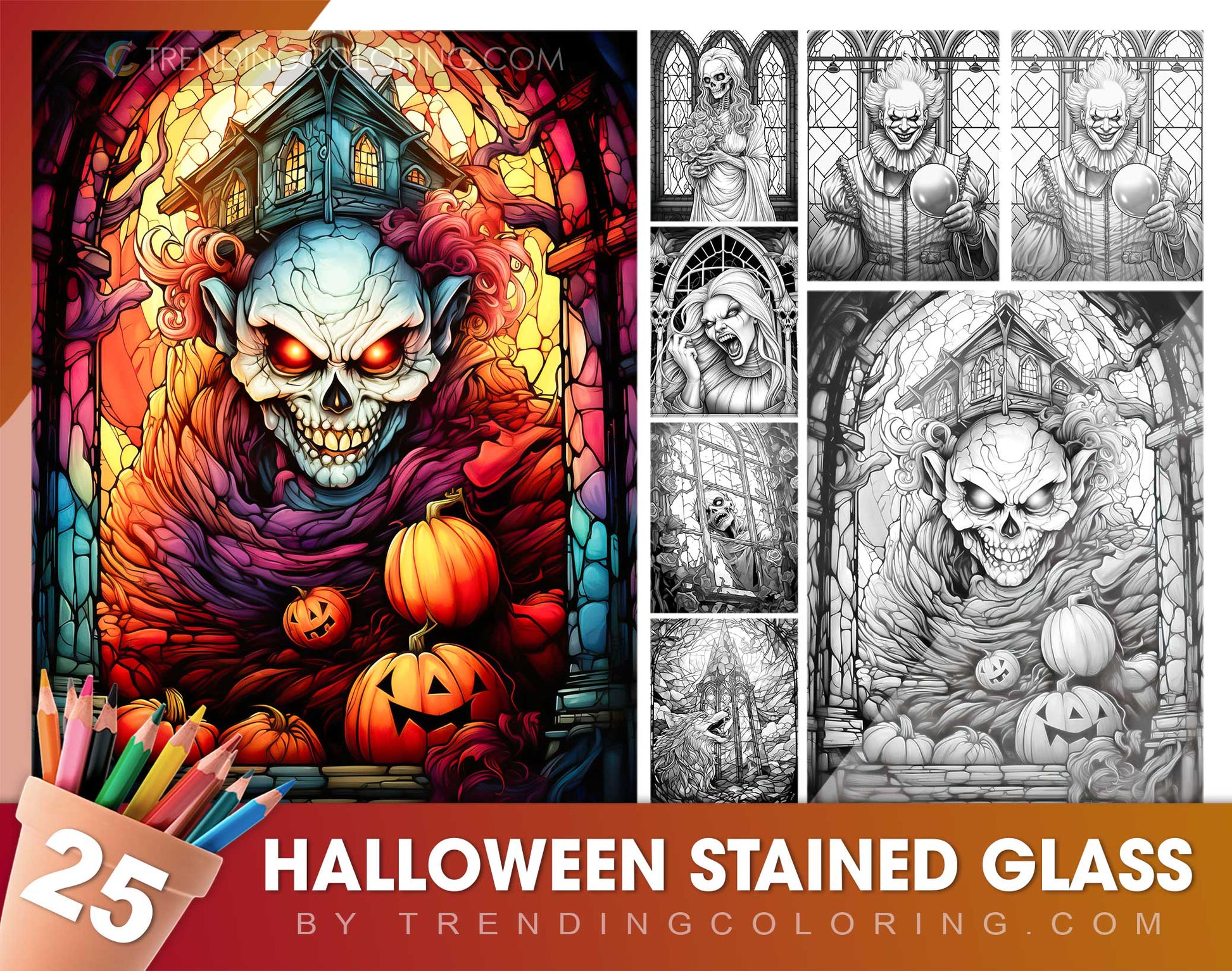 25 Halloween Stained Glass Grayscale Coloring Pages - Instant Download - Printable PDF Dark/Light
