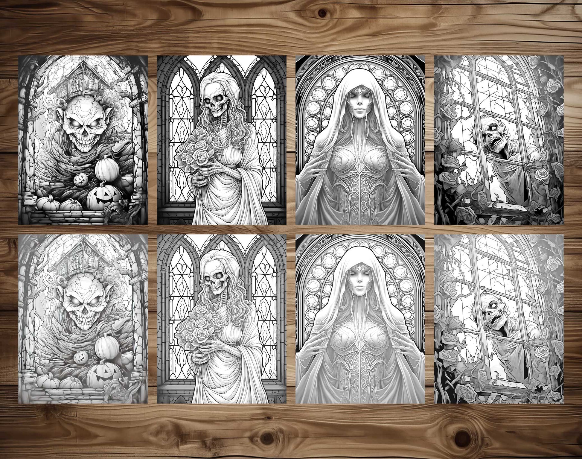 25 Halloween Stained Glass Grayscale Coloring Pages - Instant Download - Printable PDF Dark/Light – preview 3