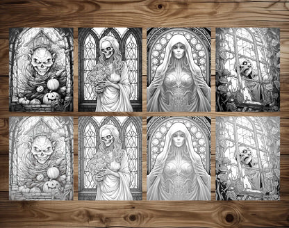 25 Halloween Stained Glass Grayscale Coloring Pages - Instant Download - Printable PDF Dark/Light – preview 3