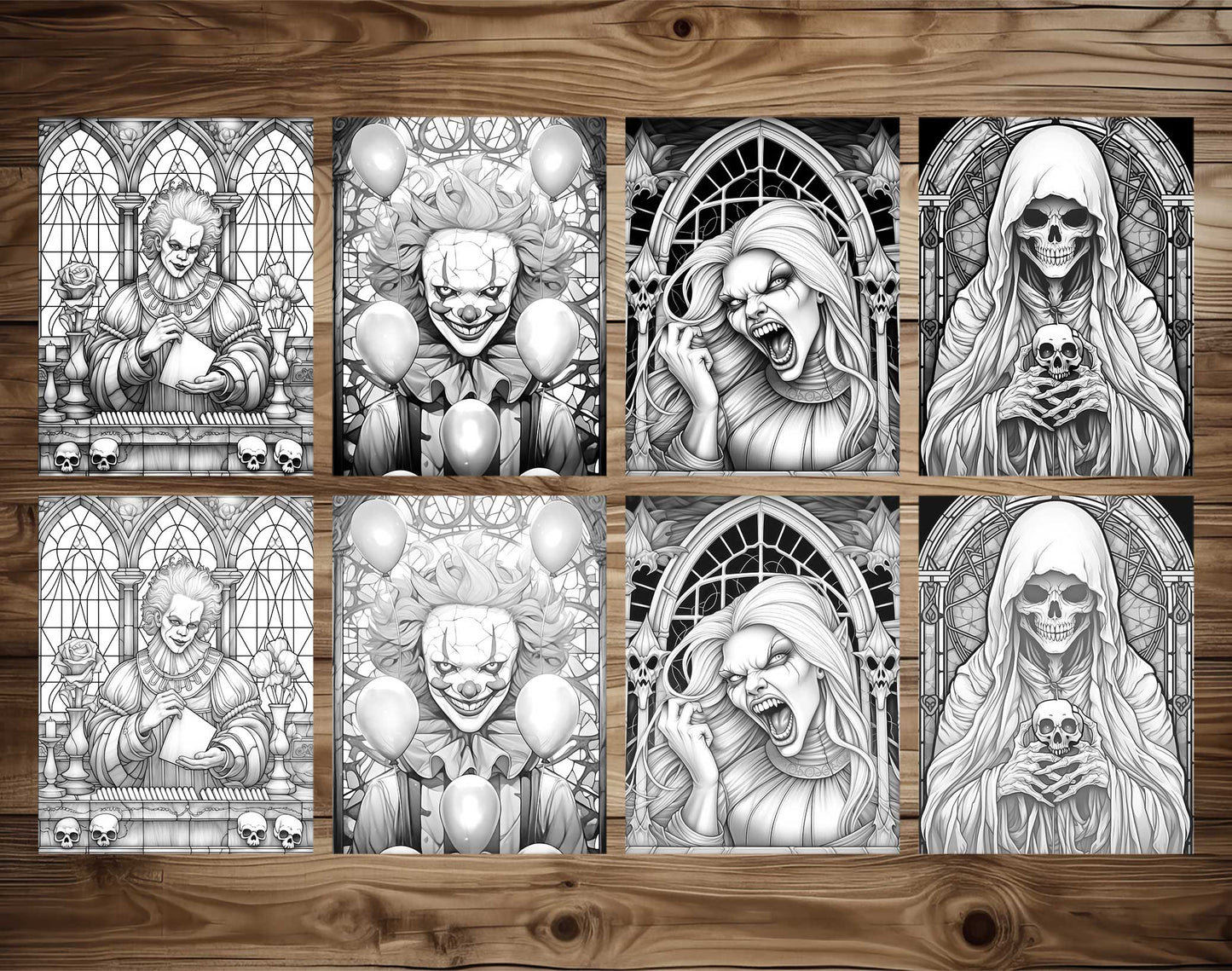 25 Halloween Stained Glass Grayscale Coloring Pages - Instant Download - Printable PDF Dark/Light – preview 4
