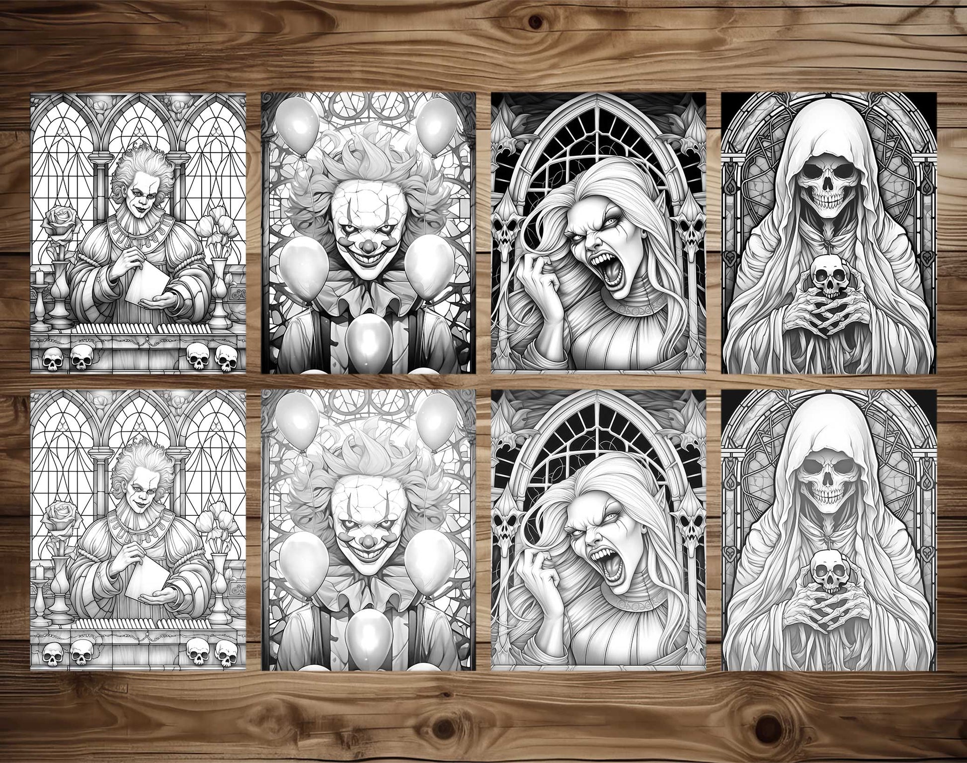 25 Halloween Stained Glass Grayscale Coloring Pages - Instant Download - Printable PDF Dark/Light – preview 4