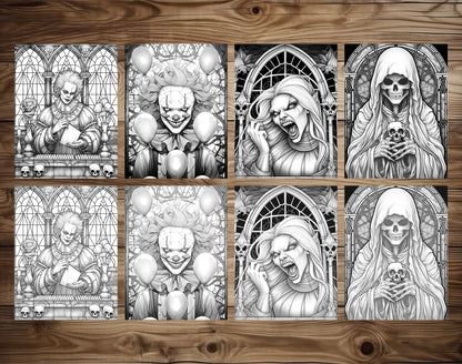 25 Halloween Stained Glass Grayscale Coloring Pages - Instant Download - Printable PDF Dark/Light – preview 4