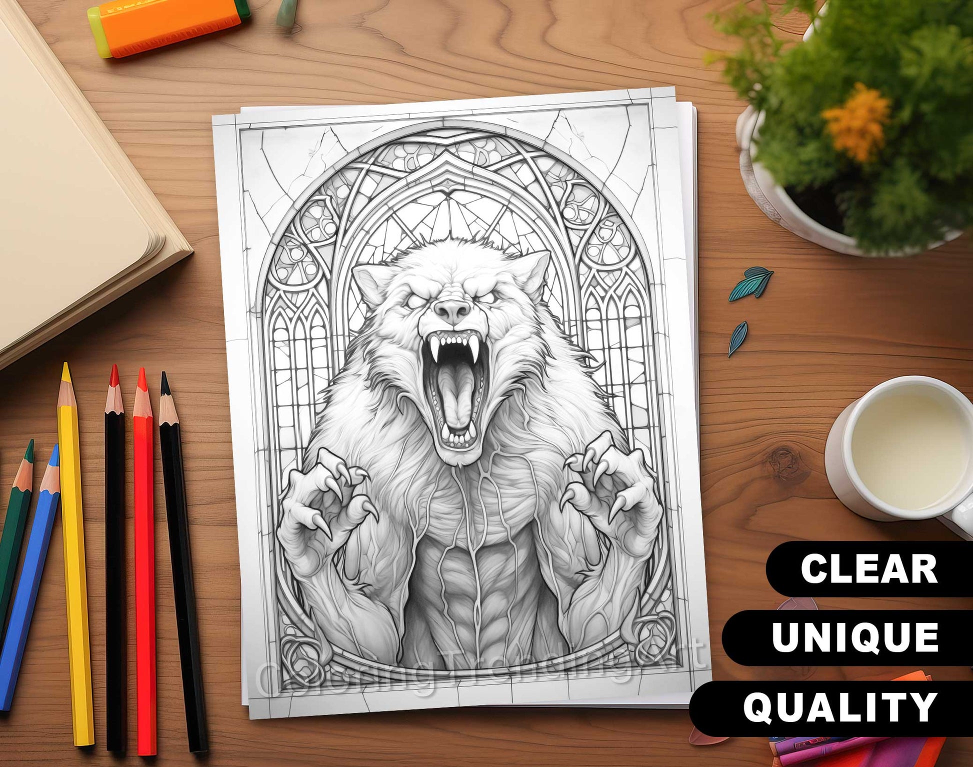 25 Halloween Stained Glass Grayscale Coloring Pages - Instant Download - Printable PDF Dark/Light – preview 5
