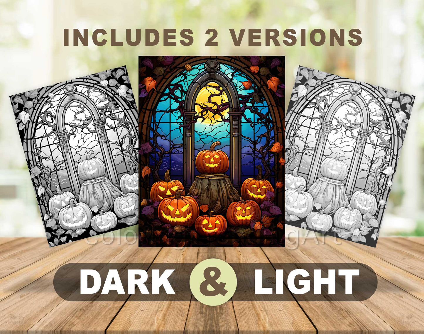 25 Halloween Stained Glass Grayscale Coloring Pages - Instant Download - Printable PDF Dark/Light – preview 6