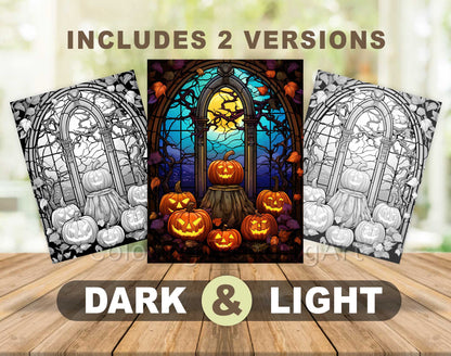 25 Halloween Stained Glass Grayscale Coloring Pages - Instant Download - Printable PDF Dark/Light – preview 6