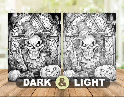 25 Halloween Stained Glass Grayscale Coloring Pages - Instant Download - Printable PDF Dark/Light – preview 7