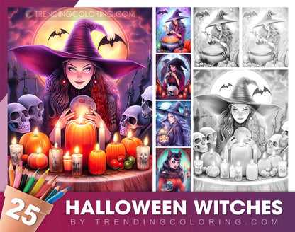 25 Halloween Witches Grayscale Coloring Pages - Halloween Coloring - Instant Download - Printable PDF Dark/Light