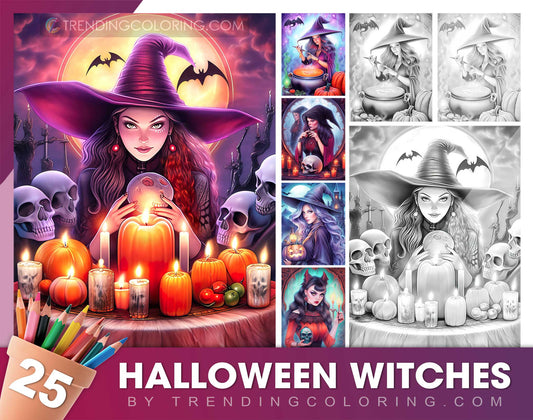 25 Halloween Witches Grayscale Coloring Pages - Halloween Coloring - Instant Download - Printable PDF Dark/Light
