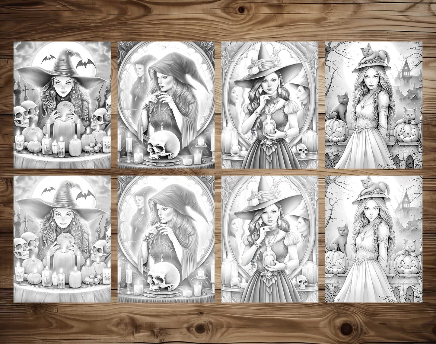25 Halloween Witches Grayscale Coloring Pages - Halloween Coloring - Instant Download - Printable PDF Dark/Light – preview 3