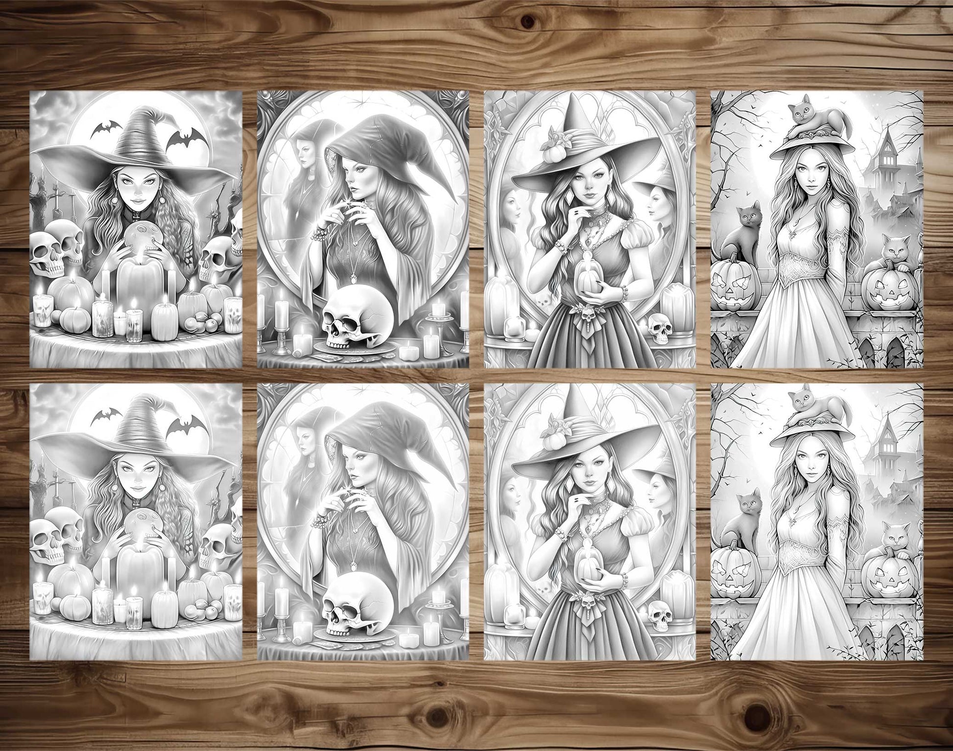 25 Halloween Witches Grayscale Coloring Pages - Halloween Coloring - Instant Download - Printable PDF Dark/Light – preview 3