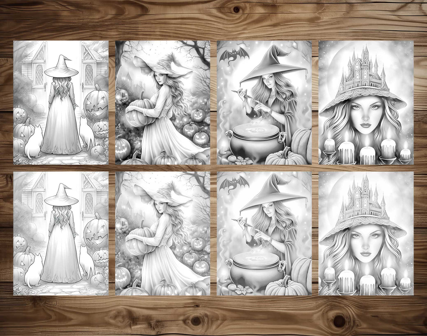 25 Halloween Witches Grayscale Coloring Pages - Halloween Coloring - Instant Download - Printable PDF Dark/Light – preview 4