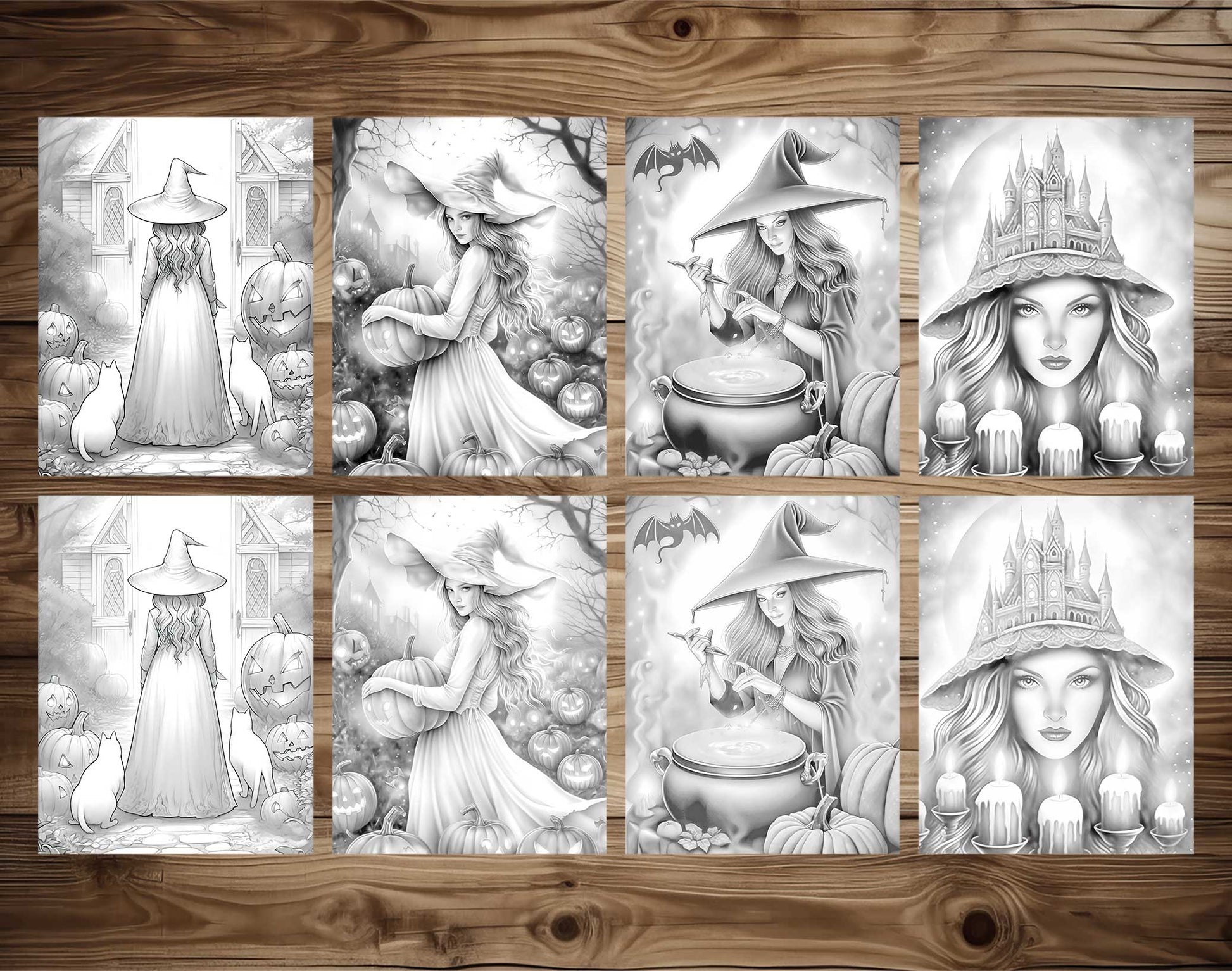 25 Halloween Witches Grayscale Coloring Pages - Halloween Coloring - Instant Download - Printable PDF Dark/Light – preview 4