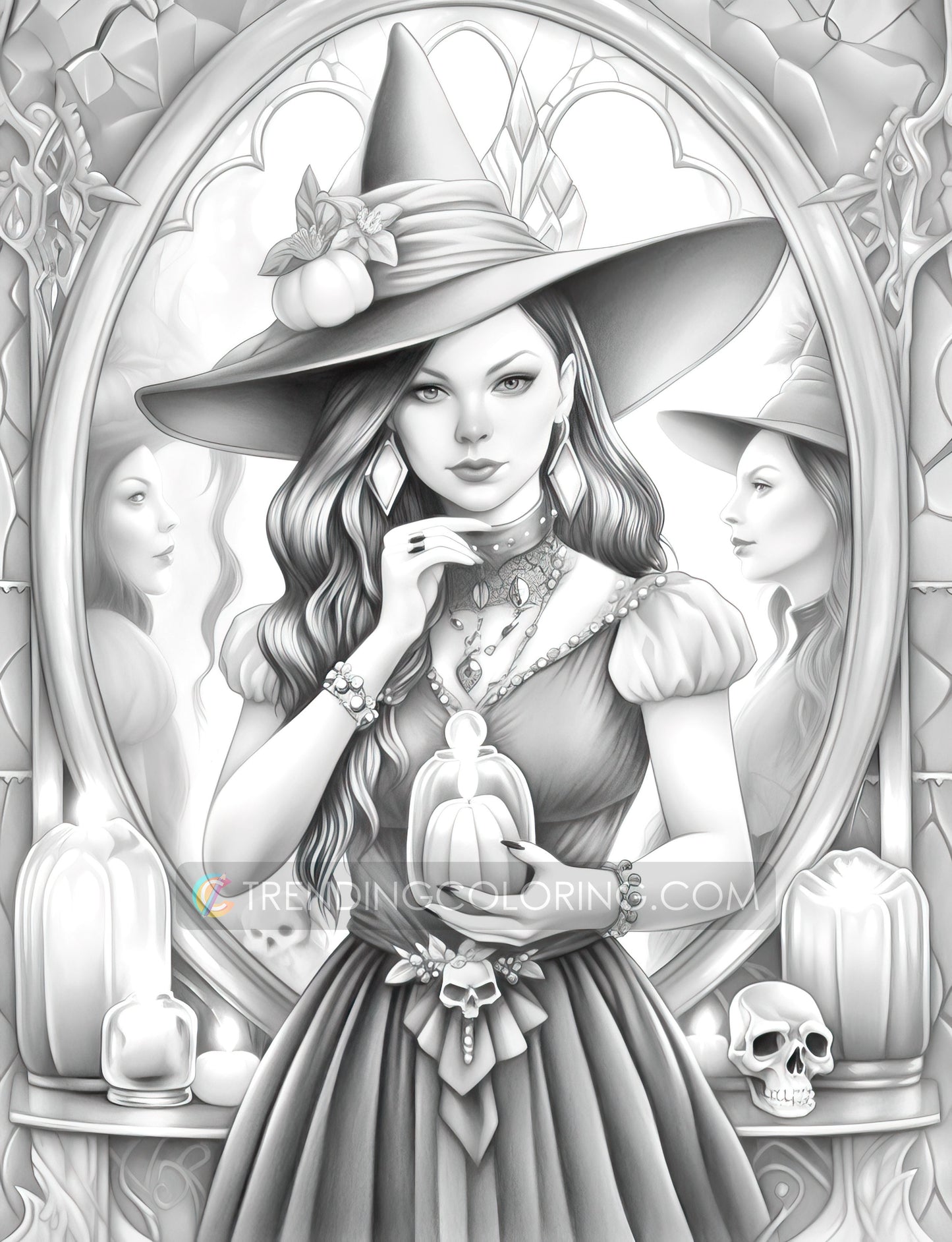 25 Halloween Witches Grayscale Coloring Pages - Halloween Coloring - Instant Download - Printable PDF Dark/Light – preview 7