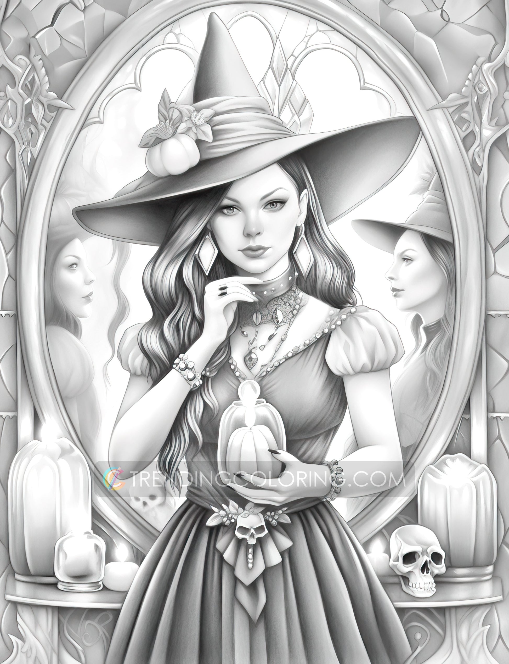 25 Halloween Witches Grayscale Coloring Pages - Halloween Coloring - Instant Download - Printable PDF Dark/Light – preview 7