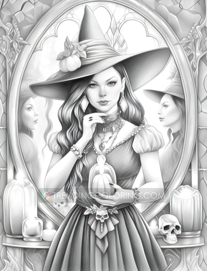 25 Halloween Witches Grayscale Coloring Pages - Halloween Coloring - Instant Download - Printable PDF Dark/Light – preview 7