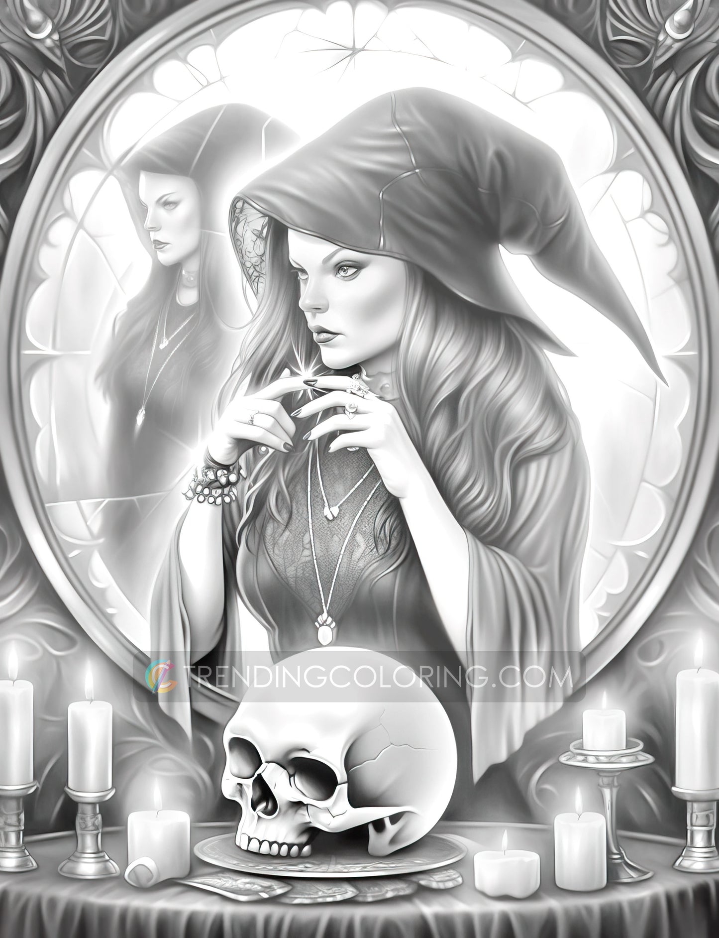 25 Halloween Witches Grayscale Coloring Pages - Halloween Coloring - Instant Download - Printable PDF Dark/Light – preview 8