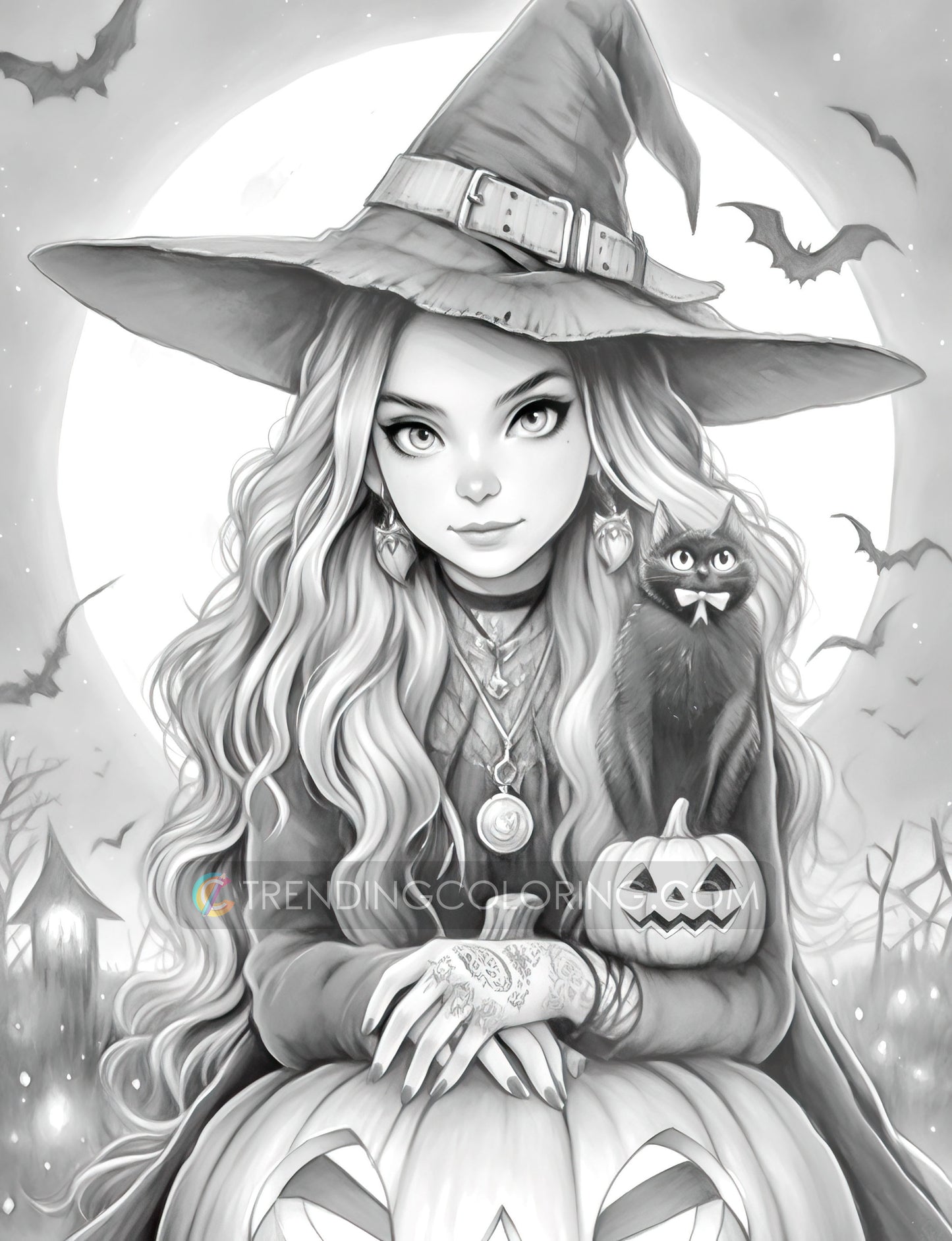 25 Halloween Witches Grayscale Coloring Pages - Halloween Coloring - Instant Download - Printable PDF Dark/Light – preview 9