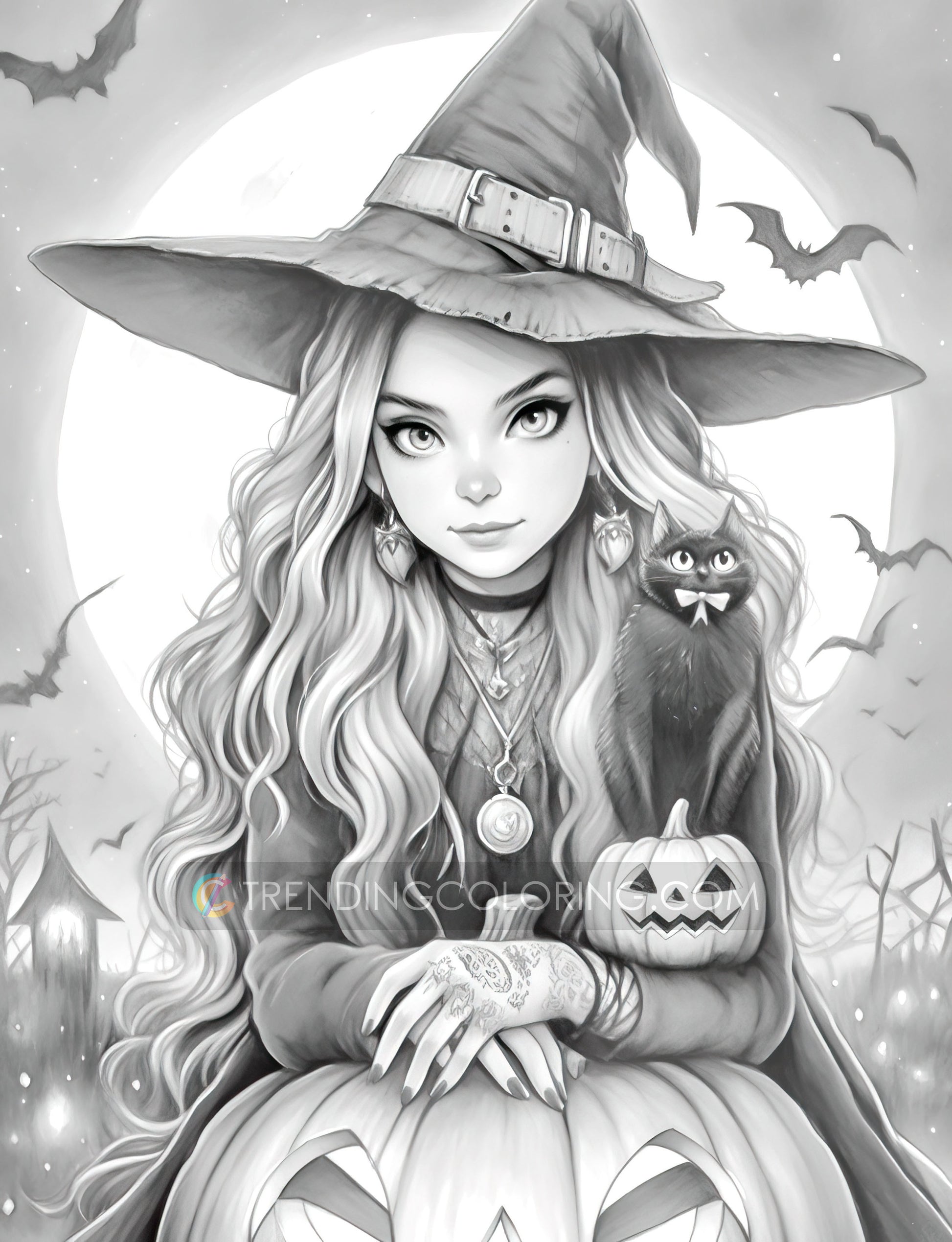 25 Halloween Witches Grayscale Coloring Pages - Halloween Coloring - Instant Download - Printable PDF Dark/Light – preview 9