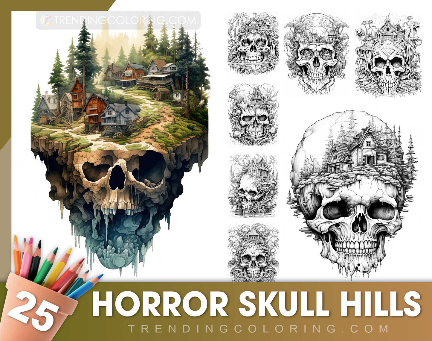 25 Horror Skull Hills Grayscale Coloring Pages - Halloween Coloring - Instant Download - Printable PDF Dark/Light