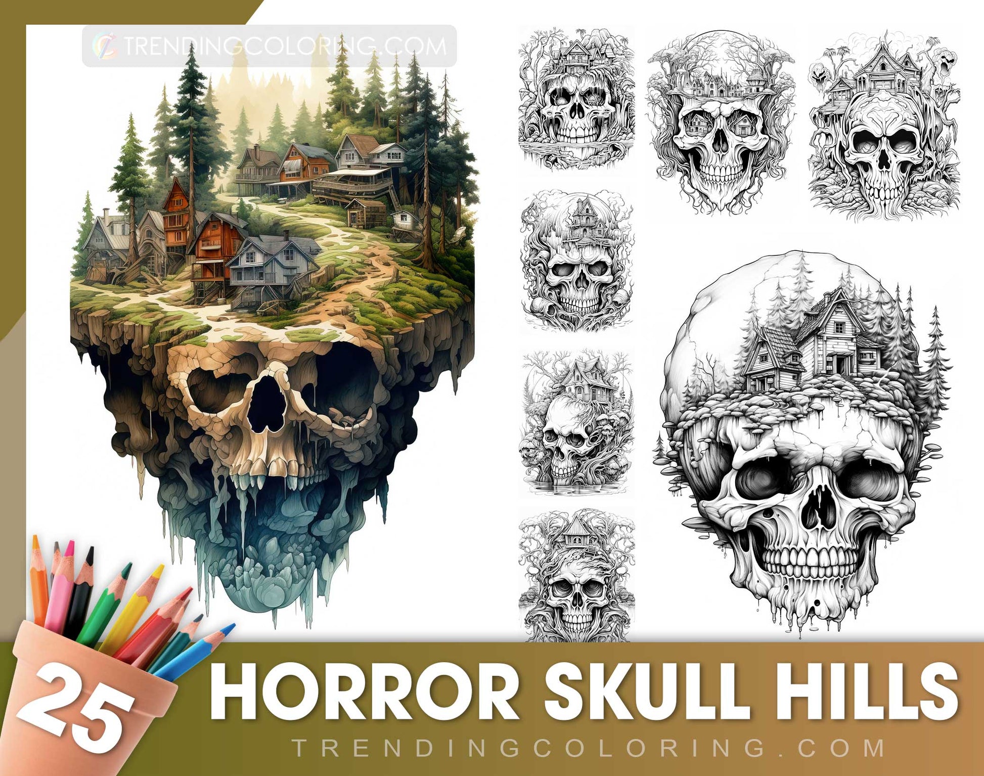 25 Horror Skull Hills Grayscale Coloring Pages - Halloween Coloring - Instant Download - Printable PDF Dark/Light