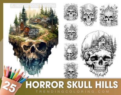 25 Horror Skull Hills Graustufen Malvorlagen - Halloween Ausmalen - Sofortiger Download - Druckbare PDF Dunkel/Hell