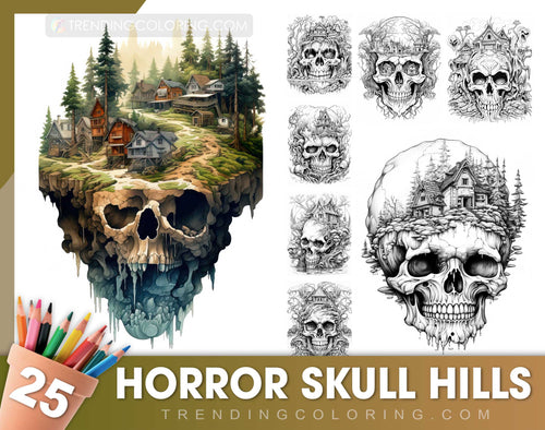 25 Horror Skull Hills Graustufen Malvorlagen - Halloween Ausmalen - Sofortiger Download - Druckbare PDF Dunkel/Hell