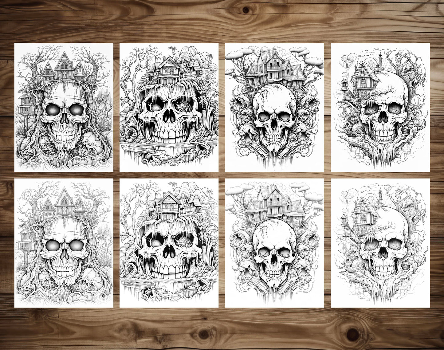 25 Horror Skull Hills Grayscale Coloring Pages - Halloween Coloring - Instant Download - Printable PDF Dark/Light – preview 3