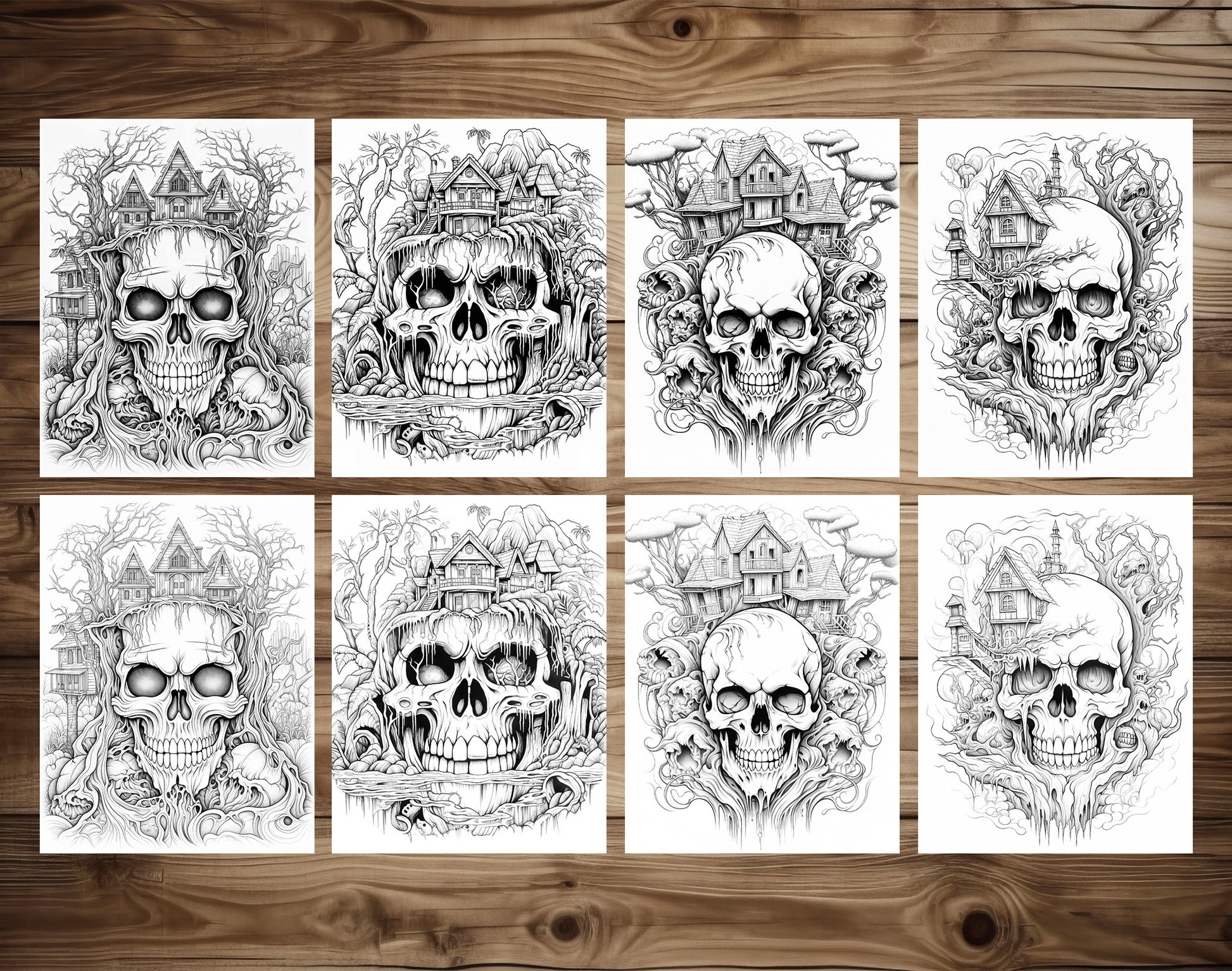 25 Horror Skull Hills Grayscale Coloring Pages - Halloween Coloring - Instant Download - Printable PDF Dark/Light – preview 3