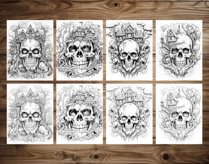 25 Horror Skull Hills Grayscale Coloring Pages - Halloween Coloring - Instant Download - Printable PDF Dark/Light – preview 3