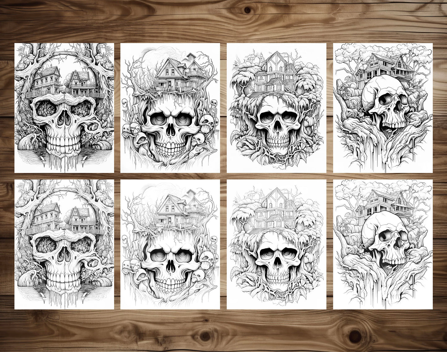 25 Horror Skull Hills Grayscale Coloring Pages - Halloween Coloring - Instant Download - Printable PDF Dark/Light – preview 4