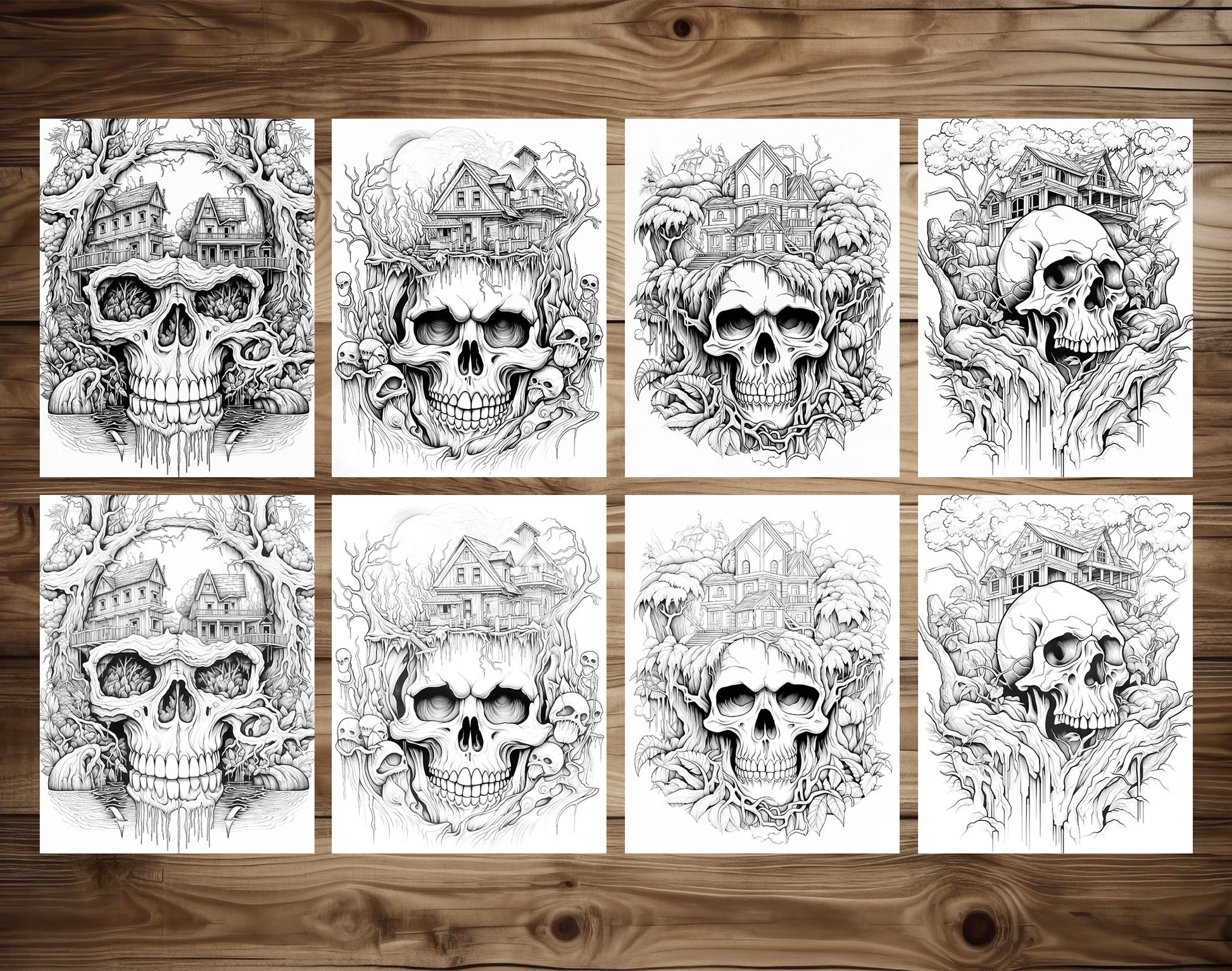 25 Horror Skull Hills Grayscale Coloring Pages - Halloween Coloring - Instant Download - Printable PDF Dark/Light – preview 4