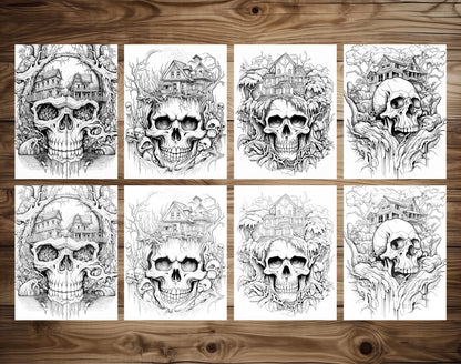 25 Horror Skull Hills Grayscale Coloring Pages - Halloween Coloring - Instant Download - Printable PDF Dark/Light – preview 4